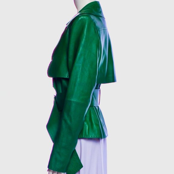 Mugler - Belted Leather Biker Jacket - Emerald Size 38 FR, 6-8 US - Picture 10 of 12